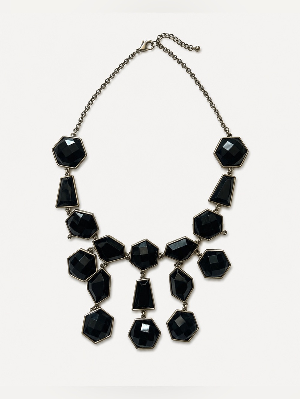 Black Geometric Statement Bib Necklace Silver Tone Faceted Stones